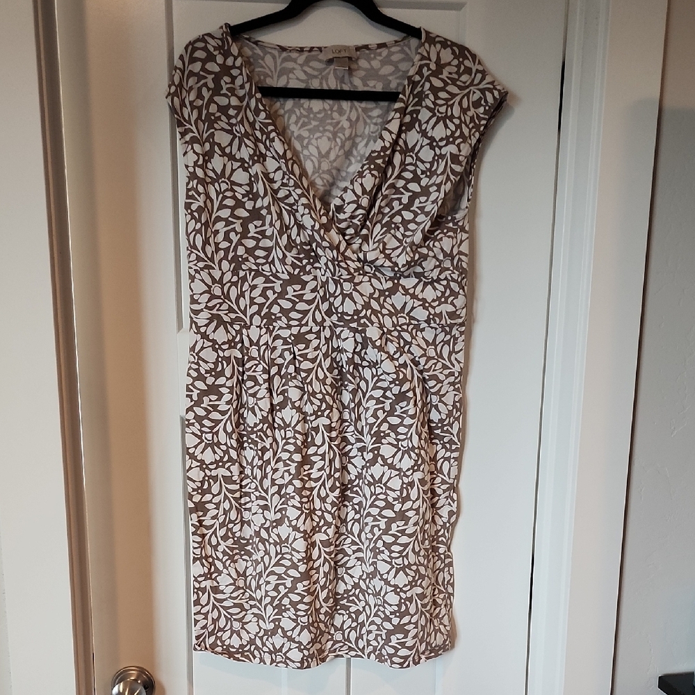 LOFT Cream and Brown Leaf Pattern Dress